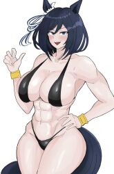 1girl abs animal_ears bikini black_bikini black_hair blue_eyes blush breasts cleavage commentary_request ear_ornament eishin_flash_(umamusume) hand_on_own_hip highres horse_ears horse_girl horse_tail large_breasts miya_nns35 muscular muscular_female navel open_mouth short_hair simple_background smile solo stomach swimsuit tail umamusume white_background