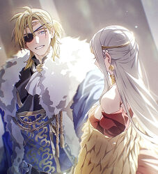 Rule 34 | 1boy, 1girl, bare shoulders, blonde hair, blue coat, blue eyes, coat, collared shirt, commentary request, dimitri alexandre blaiddyd, dimitri alexandre blaiddyd (stargazing lion), dress, earrings, edelgard von hresvelg, edelgard von hresvelg (adorned eagle), feathers, fire emblem, fire emblem: three houses, fire emblem heroes, fur-trimmed coat, fur trim, gold trim, grin, hair between eyes, hair intakes, hand on own chest, high collar, highres, jewelry, light particles, long hair, looking at another, necklace, nintendo, official alternate costume, piercing, ponytail, red dress, shirt, short ponytail, smile, soma otakuu, teeth, tiara, very long hair, white fur, white hair