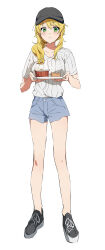 1girl absurdres baseball_cap black_hat black_shoes blonde_hair closed_mouth food full_body green_eyes hair_over_shoulder hat highres holding holding_tray hoshii_miki idolmaster idolmaster_(classic) katsu_(kana) looking_at_viewer pinstripe_pattern pinstripe_shirt ponytail shirt shoes short_sleeves shorts simple_background sneakers solo standing tray white_background white_shirt