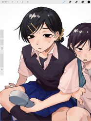 2girls art_program_in_frame black_eyes black_hair black_socks black_sweater_vest black_undershirt blue_skirt blush collared_shirt commentary futsuu_no_keion-bu hair_ornament hair_scrunchie hairpin handheld_electric_fan hatono_chihiro highres hot indian_style kouyama_rin kusakabe_(kskb_e) multiple_girls parted_bangs parted_lips pixie_cut pleated_skirt ponytail procreate_(software) sanpaku school_uniform scrunchie shirt short_hair short_ponytail short_sleeves simple_background sitting skirt socks summer_uniform sweat sweater_vest symbol-only_commentary white_background white_shirt wing_collar