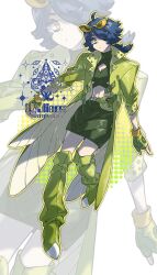 1girl alternate_color blue_hair boots cleavage_cutout clothing_cutout colored_eyelashes crop_top eyewear_on_head fingerless_gloves full_body gen_2_pokemon gloves green_boots green_gloves green_jacket green_shirt green_skirt highres holding holding_poke_ball insect_wings jacket looking_to_the_side navel nintendo poke_ball pokemon scizor shiny_pokemon shirt simple_background skirt solo thigh_boots white_background wings wulie_errr yellow_eyes