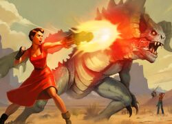 2girls arms_behind_head belt boots brown_hair cloud courier_(fallout:_new_vegas) deathclaw desert dress ed-e explosion eyebot fallout fallout:_new_vegas fingerless_gloves gloves highres mountainous_horizon multiple_girls open_mouth power_fist punching red_dress robot sara_cooley short_hair tank_top toned veronica_santangelo