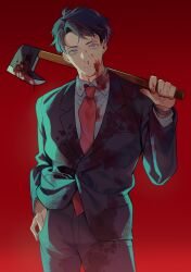 1boy absurdres axe black_hair black_suit blood blood_on_clothes blood_on_face blood_on_hands bloody_weapon blue_eyes chinese_commentary cowboy_shot formal_clothes gegege_no_kitarou gradient_background hand_in_pocket highres holding holding_axe holding_weapon jacket kitarou_tanjou:_gegege_no_nazo looking_at_viewer male_focus mizuki_(gegege_no_kitarou) necktie over_shoulder pants red_background red_necktie scar scar_on_face shirt short_hair simple_background solo standing suit wange80681 weapon weapon_over_shoulder