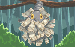 banknote branch burmy closed_mouth commentary_request creatures_(company) dashimaki_gorilla_(dasigori) game_freak gen_4_pokemon hanging money nintendo no_humans outdoors pokemon pokemon_(creature) solo yellow_eyes yen