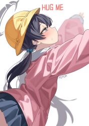 1girl absurdres black_hair black_skirt blue_archive english_text grey_eyes grey_halo hair_bobbles hair_ornament halo hat highres kindergarten_uniform kisaki_(blue_archive) kisaki_(kindergarten_uniform)_(blue_archive) long_hair long_sleeves low_twintails miniskirt official_alternate_costume official_alternate_hair_ornament official_alternate_hairstyle pink_shirt pleated_skirt rirua_(kjom802) school_hat shirt skirt solo twintails very_long_hair yellow_hat