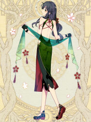 Rule 34 | 1boy, ankle strap, arm ribbon, back, backless dress, backless outfit, bare arms, bare shoulders, black gloves, black hair, black pants, black shoes, capri pants, china dress, chinese clothes, colored shoe soles, crossdressing, crossdressing (mtf), dairoku ryouhei, dress, falling flower, falling petals, fingerless gloves, floral print, flower ornament, from behind, full body, glove cutout, gloves, green dress, green eyes, green shawl, hair between eyes, hair ornament, hair over shoulder, hair scrunchie, halter dress, halterneck, hip vent, holding shawl, kisaragi yuna, l (matador), light blush, long hair, looking at viewer, looking back, low ponytail, male focus, medium dress, mole, mole under mouth, pants, pants under dress, petals, ponytail, print shoes, profile, red ribbon, red scrunchie, ribbon, scrunchie, see-through clothes, see-through shawl, shawl, shoes, side slit, sidelocks, sleeveless, sleeveless dress, smile, solo, standing, tassel, thick eyebrows, trap, two-sided dress, two-sided fabric, wavy hair