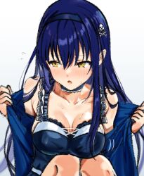 1girl :o bare_shoulders black_camisole black_choker black_hair black_hairband blue_capelet blush bone_hair_ornament breasts camisole capelet choker cleavage collarbone flying_sweatdrops frilled_camisole frilled_choker frills hair_between_eyes hair_ornament hair_over_shoulder hairband hands_up highres hot knees_up kushima_kamome large_breasts long_hair looking_to_the_side open_mouth pulling_own_clothes sidelocks simple_background sitting skull_and_crossbones skull_hair_ornament solo straight_hair summer_pockets sweat undressing upper_body very_long_hair white_background yellow_eyes zenoo