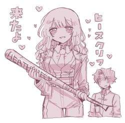 1boy 1girl baseball_bat belt breasts catherine_(project_moon) collared_shirt cowboy_shot heathcliff_(project_moon) highres holding holding_baseball_bat jacket lapels lcb_uniform_(project_moon) limbus_company long_hair long_sleeves medium_breasts monochrome necktie notched_lapels nr6nzqrcgf60864 pants pink_theme project_moon shirt sidelocks vest