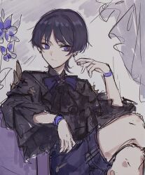 1boy arm_at_side arm_rest ascot black_ascot black_hair black_shirt black_sleeves blunt_ends bow closed_mouth couch crossed_legs eyeliner eyeshadow flower frilled_sleeves frills genshin_impact hand_up large_bow long_sleeves looking_at_object looking_to_the_side makeup male_focus purple_bow purple_eyes purple_flower purple_shorts red_eyeliner red_eyeshadow scaramouche_(genshin_impact) sgm618 shirt shorts sitting sketch solo tsurime wispy_bangs wristband