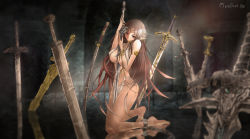 1girl absurdres armlet artist_name bare_shoulders barefoot between_breasts between_legs breasts brown_hair caliburn_(fate) chain collarbone covered_erect_nipples dated elf excalibur_(fate/stay_night) excalibur_(mythology) fate_(series) female_focus fingernails forehead_jewel groin hands_on_hilt highres holding holding_sword holding_weapon jewelry katana kneeling large_breasts loincloth long_fingernails long_hair looking_at_viewer moonface nail_polish original pelvic_curtain planted planted_sword planted_weapon pointy_ears red_eyes restrained revealing_clothes solo standing standing_on_liquid sword very_long_hair warcraft warcraft_iii water weapon yellow_nails