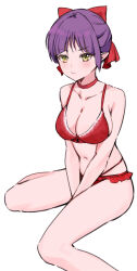 1girl arms_between_legs bare_arms bare_legs bare_shoulders bow bra breasts choker cleavage closed_mouth collarbone embarrassed foot_out_of_frame frilled_panties frills gegege_no_kitarou hair_bow hands_between_legs large_breasts light_blush looking_at_viewer multi-strapped_panties navel nekomusume panties purple_hair red_bow red_bra red_choker red_panties short_hair simple_background sitting solo tanukiya underwear underwear_only updo v-shaped_eyebrows wariza white_background yellow_eyes