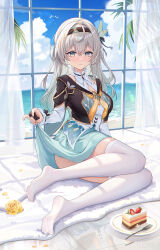 1girl absurdres black_hairband black_jacket breasts bridal_gauntlets cake clothes_lift firefly_(honkai:_star_rail) flower food fork green_skirt grey_hair hairband highres honkai:_star_rail honkai_(series) indoors jacket long_hair long_sleeves looking_at_viewer medium_breasts neckerchief ocean palm_tree plate purple_eyes reflective_floor rose shirt sitting skindentation skirt skirt_lift smile solo thighhighs tree white_shirt white_thighhighs window yellow_flower yellow_neckerchief yellow_rose yokozuwari yuuichi_yuiko