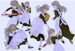 1girl apron baseball baseball_bat baseball_glove black_dress dress feiqizi_(fkey) fkey frilled_apron frills full_body highres kneeling long_hair looking_at_viewer maid maid_apron multiple_expressions multiple_views original puffy_sleeves running simple_background solo standing throwing waist_apron white_apron white_background wrist_cuffs