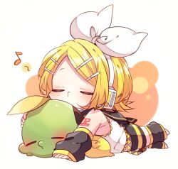 1girl arm_tattoo black_leg_warmers black_sailor_collar black_sleeves blonde_hair blush bow chibi chibi_only closed_eyes commentary crossover detached_sleeves full_body gen_3_pokemon gulpin hair_bow hair_ornament hairpin headset kagamine_rin kaho_0102 leg_warmers long_sleeves lying multiple_hairpins musical_note neckerchief nintendo number_tattoo on_stomach pokemon pokemon_(creature) puckered_lips sailor_collar shirt short_hair shorts sleeveless sleeveless_shirt tattoo vocaloid white_bow white_shirt yellow_neckerchief yellow_trim