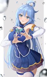 Rule 34 | 1girl, absurdres, aqua (konosuba), blue eyes, blue hair, blue shirt, blue skirt, blush, bow, bowtie, choiss2211, cowboy shot, detached sleeves, green bow, green bowtie, hair rings, heart, heart hands, highres, kono subarashii sekai ni shukufuku wo!, long hair, looking at viewer, pleated skirt, shirt, single hair ring, skirt, sleeveless, sleeveless shirt, solo, thighhighs, tongue, tongue out, very long hair, water drop, white thighhighs, wide sleeves, zettai ryouiki