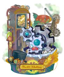 aircraft airship black_hat character_name clock commentary_request crane_(machine) creatures_(company) diamond_mouth game_freak gears gen_5_pokemon grandfather_clock hat highres klinklang nintendo no_humans open_mouth pokedex_number pokemon pokemon_(creature) pokemon_focus simple_background steampunk top_hat unworn_hat unworn_headwear white_background yyy9696yyy