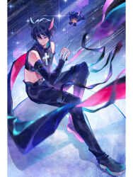 2boys ahoge animal_ears animal_hands arm_belt bare_shoulders belt belt_buckle black_belt black_hair black_lynx black_pants black_shirt black_shoes black_sleeves blue_eyes border buckle cat_boy cat_ears cat_tail chibi chinese_commentary clenched_hand closed_mouth commentary_request crop_top cross cross_necklace detached_sleeves eyelashes fake_claws floating floating_clothes full_body gloves highres inhan jewelry knee_up long_claws long_sleeves magical_boy male_focus meteor_shower midriff moon multiple_belts multiple_boys necklace night night_sky open_belt open_mouth pants paw_gloves pillarboxed red_belt shirt shoes short_hair shugo_chara! sitting sky sleeveless sleeveless_shirt smile solo_focus star_(sky) starry_sky tail tsukiyomi_ikuto turtleneck turtleneck_shirt two-sided_belt two-sided_fabric white_border yoru_(shugo_chara!)