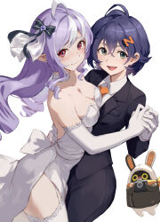 2girls bangboo_(zenless_zone_zero) belle_(zenless_zone_zero) black_pants black_suit black_vs_white blue_hair bow breasts camera choker collared_shirt crossed_bangs dress elbow_gloves eous_(zenless_zone_zero) female_focus formal_clothes garter_straps gloves green_eyes hair_bow hair_ornament highres holding holding_camera hug jojobirdz lace lace-trimmed_gloves lace-trimmed_thighhighs lace_trim letter_hair_ornament looking_at_viewer looking_to_the_side medium_breasts multicolored_hair multiple_girls necktie open_mouth orange_necktie pants pointy_ears purple_eyes purple_hair shirt simple_background smile strapless strapless_dress suit thighhighs two-tone_hair vivian_(kekkai_sensen) vivian_(zenless_zone_zero) wedding_dress white_background white_choker white_dress white_gloves white_hair white_shirt white_thighhighs wife_and_wife yuri zenless_zone_zero