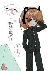 1girl a.i._voice adachi_rei alternate_costume black_jacket black_pants buttons crossdressing feet_out_of_frame gakuran hand_in_own_hair hand_in_pocket hand_up hashtag-only_commentary headlamp highres jacket letter long_sleeves looking_at_viewer love_letter medium_hair orange_eyes orange_hair pants school_uniform smile sn_(sn_utu00) solo speech_bubble standing translation_request utau white_background