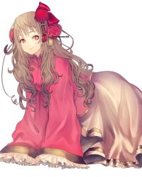 1girl ahoge all_fours axis_powers_hetalia brown_hair changpao chinese_clothes commentary_request flower flower_request frilled_sleeves frills gold_trim hair_flower hair_ornament hair_over_shoulder highres huge_ahoge light_blush long_hair long_sleeves looking_to_the_side mandarin_collar pink_shirt red_eyes red_flower shirt simple_background skirt sleeves_past_fingers sleeves_past_wrists smile solo sussuko taiwan_(hetalia) tassel tassel_hair_ornament twitter_username wavy_hair white_background white_skirt wide_sleeves wispy_bangs