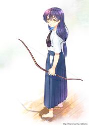 1girl archery bad_id bad_pixiv_id barefoot blue_hair blue_hakama bow_(weapon) female_focus from_side hair_between_eyes hakama hakama_skirt holding holding_bow_(weapon) holding_weapon japanese_clothes kyuudou long_hair love_live! love_live!_school_idol_festival love_live!_school_idol_project low_ponytail muneate ponytail simple_background skirt solo sonoda_umi trianon weapon white_background yellow_eyes