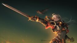 1girl adepta_sororitas ahoge armor bird blue_eyes facial_tattoo fleur-de-lis full_armor highres holding holding_sword holding_weapon long_hair matheuus_arts outstretched_arm pauldrons pointing_melee_weapon pointing_sword power_armor purity_seal shoulder_armor solo sword tattoo twitter_username warhammer_40k weapon white_hair