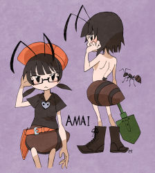 1girl ant antennae back black_hair bug character_name female_focus glasses bug arthropod_girl low_twintails monster_girl nude original sachy_(sachichy) short_hair short_twintails shovel solo twintails