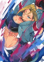 1girl abs ass blonde_hair blue_eyes breasts cammy_white crop_top cropped_jacket fingerless_gloves gloves large_breasts long_sleeves looking_at_viewer one_eye_closed pants pirate_yuri scar scar_on_face short_hair street_fighter street_fighter_6