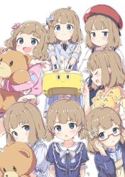 Rule 34 | 1girl, adjusting eyewear, beret, black necktie, blue bow, blue dress, blue eyes, bow, brown hair, collared shirt, dress, elementary schoolmate (idolmaster), glasses, hair bow, hat, holding, holding stuffed toy, hood, hood down, hooded jacket, idolmaster, idolmaster million live!, jacket, kuresuku (lessons), medium hair, multiple views, necktie, pinafore dress, pink bow, pink jacket, red-framed eyewear, red hat, semi-rimless eyewear, shirt, short twintails, sleeveless, sleeveless dress, stuffed animal, stuffed toy, suou momoko, teddy bear, twintails, under-rim eyewear, white background, white shirt