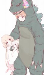 Rule 34 | 2girls, absurdres, blonde hair, blush, carrying, carrying person, claws, cosplay, costume, crossover, dinosaur costume, futaba anzu, godzilla, godzilla (cosplay), godzilla (series), highres, idolmaster, idolmaster cinderella girls, kaiju, long hair, looking at another, monster, moroboshi kirari, multiple girls, orange hair, shirt, short sleeves, simple background, stuffed animal, stuffed rabbit, stuffed toy, toho, tsuchi (sh spica1), very long hair, white background, white shirt