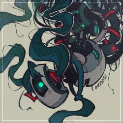 aqua_hair aqua_necktie artist_name commentary cosplay english_commentary glados glowing glowing_eye green_eyes grey_background hair_ornament hatsune_miku hatsune_miku_(cosplay) highres long_hair looking_at_viewer lucimatsu necktie no_humans portal_(series) portal_1 robot simple_background solo very_long_hair vocaloid