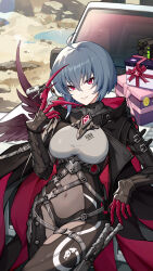 1girl absurdres ahoge black_coat bodystocking box breasts coat covered_navel gift gift_box hair_between_eyes highres honkai_(series) honkai_impact_3rd key large_breasts long_sleeves looking_at_viewer mole mole_under_mouth official_art open_clothes open_coat outdoors parted_lips raven_(honkai_impact) red_eyes short_hair smile solo