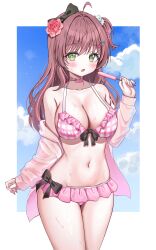 Rule 34 | 1girl, bare shoulders, bikini, bikini skirt, breasts, brown hair, choker, cleavage, commission, cowboy shot, food, frilled bikini, frills, front-tie bikini top, front-tie top, green eyes, highres, holding, holding food, holding popsicle, jacket, kubong, large breasts, long hair, looking at viewer, multicolored hair, navel, off shoulder, open clothes, open jacket, open mouth, original, pink bikini, pink choker, pink jacket, plaid bikini, plaid clothes, popsicle, simple background, solo, stomach, streaked hair, string bikini, swimsuit, thighs, wet, white background