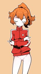 akableak bottomless charlotte_(akableak) cleft_of_venus closed_eyes closed_mouth crossed_arms facing_viewer flat_chest freckles highres jacket long_sleeves orange_hair original outline ponytail puffy_long_sleeves puffy_sleeves pussy red_jacket short_hair straight-on track_jacket uncensored white_outline