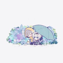 1boy 1girl black_hairband black_leggings blue_ribbon blush bridal_gauntlets caelus_(honkai:_star_rail) closed_eyes firefly_(honkai:_star_rail) gradient_eyes gradient_hair grey_hair hair_between_eyes hair_intakes hair_ribbon hairband holding holding_umbrella honkai:_star_rail honkai_(series) leggings long_hair macaroon_mcr2 multicolored_eyes multicolored_hair no_mouth raincoat ribbon short_hair simple_background single_bridal_gauntlet smile squatting teeth teruterubouzu trailblazer_(honkai:_star_rail) twitter_username umbrella upper_teeth_only white_background yellow_raincoat yellow_ribbon