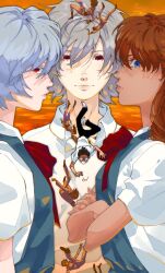 Rule 34 | 2boys, ayanami rei, black pants, blue eyes, blue hair, bow, brown hair, catherine cover parody, closed mouth, collared shirt, commentary, crossed arms, english commentary, faceless, falling, grey hair, hair between eyes, highres, huffthpottery, ikari shinji, lcl, long hair, looking at viewer, multiple boys, multiple girls, nagisa kaworu, neon genesis evangelion, no shoes, open mouth, orange hair, pants, red eyes, school uniform, shirt, short hair, short sleeves, skirt, socks, souryuu asuka langley, suspender skirt, suspenders, tokyo-3 middle school uniform, white shirt, white socks