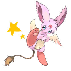 Rule 34 | &gt;:), :3, blue eyes, choko (sweetpocket), commentary request, creature, creature focus, feathered wings, fighting stance, forehead jewel, full body, gem, kicking, lowres, no humans, open mouth, original, pawpads, pink fur, red gemstone, simple background, smile, solo, v-shaped eyebrows, white background, white wings, wings