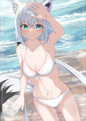 Rule 34 | 1girl, ahoge, animal ear fluff, animal ear piercing, animal ears, arm up, armpits, bare arms, bare shoulders, beach, bikini, blue eyes, blush, breasts, cleavage, closed mouth, collarbone, fox ears, fox girl, fox tail, groin, hair between eyes, highres, hololive, large breasts, long hair, navel, o-ring, o-ring bikini, o-ring top, shirakami fubuki, smile, solo, stomach, swimsuit, tail, white hair, yuriru