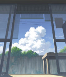 akafune window_blinds blue_sky cloud commentary_request day fence glass_door indoors ivy nature no_humans original overgrown plant scenery shadow signature sky sliding_doors sunlight table tree wooden_fence wooden_floor wooden_table