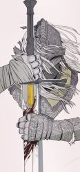 armor bad_id bad_tumblr_id belt blade bleeding blood bloody_wolf(elden_ring) bloody_wolf_(elden_ring) elden_ring eyeshadow full_armor helmet highres it-s-owl-o-clock knight long_hair makeup medieval ornament ornate_armor ornate_weapon simple_background tarnished_(elden_ring) warrior weapon white_hair