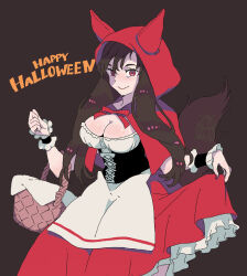 1girl animal_ears basket breasts brown_hair cleavage cloak clothes_lift cosplay dress dress_lift frilled_dress frills happy_halloween highres holding holding_basket hood hooded_cloak imaizumi_kagerou jean_(jean_sp) large_breasts little_red_riding_hood_(fairy_tale) little_red_riding_hood_(fairy_tale_character)_(cosplay) little_red_riding_hood_(fairy_tale_character) long_hair looking_at_viewer red_eyes red_hood red_nails smile solo tail touhou wolf_ears wolf_girl wolf_tail