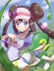 1girl black_pantyhose blue_eyes blush breasts brown_hair collarbone double_bun gen_5_pokemon hair_bun hand_on_own_chest highres inana_umi leaf looking_at_viewer nintendo outdoors pantyhose pokemon pokemon_(creature) pokemon_bw2 pokemon_on_arm rosa_(pokemon) sky smile snivy vine_whip visor_cap