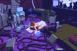 all_fours anil_demir animated animated_gif book brown_hair cable chair computer crt hair_ornament hairclip hand_fan highres iwakura_lain long_hair monitor serial_experiments_lain solo stuffed_animal stuffed_rabbit stuffed_toy teddy_bear turning_page