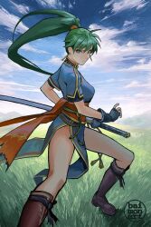 1girl artist_name baimon blue_dress blue_sky boots brown_shoes cloud dress fingerless_gloves fire_emblem fire_emblem:_the_blazing_blade gloves grass green_eyes green_hair highres long_hair lyn_(fire_emblem) nintendo outdoors ponytail shoes side_slit sky sword weapon
