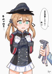 1girl 1other akashieru anchor_hair_ornament aqua_eyes blonde_hair caliper camouflage commentary_request cowboy_shot cross empty_eyes gloves grey_hat grey_jacket hair_ornament hat highres iron_cross jacket kantai_collection low_twintails microskirt military_uniform peaked_cap pleated_skirt prinz_eugen_(kancolle) prinz_eugen_kai_(kancolle) simple_background skirt tape_measure translation_request twintails upper_body white_background white_gloves white_skirt