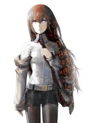 1girl arm_belt belt black_pantyhose black_shorts breasts brown_hair brown_jacket collared_shirt crying hair_between_eyes hair_over_shoulder highres holding_necktie huke jacket jacket_partially_removed leather_belt long_hair makise_kurisu necktie official_art pantyhose pantyhose_under_shorts purple_eyes purple_trim red_necktie ringed_eyes shirt shorts single_tear sleeves_past_wrists small_breasts solo square_pupils steins;gate white_background white_belt white_shirt
