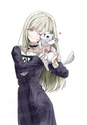 Rule 34 | 1girl, ;), animal, ave mujica (bang dream!), bang dream!, bang dream! it&#039;s mygo!!!!!, cat, choker, cowboy shot, dangdidangdi, dress, frilled choker, frills, green hair, hashtag-only commentary, heart, highres, holding, holding animal, long hair, long sleeves, looking at animal, one eye closed, simple background, smile, solo, wakaba mutsumi, white background, yellow eyes