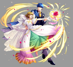 1boy 1girl :d alternate_costume antenna_hair blonde_hair blue_cloak blue_eyes blue_hair blue_suit bouquet breasts bridal_veil bride cloak closed_eyes detached_sleeves dress earrings elbow_gloves father_and_daughter finn_(fire_emblem) fire_emblem fire_emblem:_genealogy_of_the_holy_war fire_emblem_heroes floating floating_object flower formal_clothes frilled_sleeves frills full_body gloves green_eyes grey_background grin hair_ornament hand_on_another&#039;s_waist happy highres holding_another&#039;s_wrist jewelry looking_at_another nanna_(fire_emblem) necktie nintendo open_mouth oxfords pants petals red_flower red_rose rose rose_petals shoes short_hair short_hair_with_long_locks short_sleeves side_cape simple_background small_breasts smile strapless strapless_dress suit teeth toriko_momomo upper_teeth_only veil wedding_dress white_dress white_gloves white_shoes wing_hair_ornament yellow_necktie