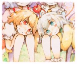 Rule 34 | 4girls, blonde hair, blue hair, blue shirt, blush, closed mouth, collared shirt, commentary request, eye contact, eyeball, fang, fang out, flandre scarlet, frilled shirt collar, frills, green eyes, green hair, komeiji koishi, komeiji satori, lap pillow, looking at another, multiple girls, no headwear, one side up, pink hair, pink shirt, red eyes, remilia scarlet, ribbon-trimmed collar, ribbon trim, shiro tsugumi, shirt, siblings, sisters, sitting, smile, third eye, touhou, traditional media, yellow shirt