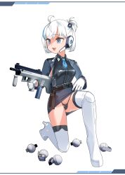 Rule 34 | 1girl, absurdres, ahoge, blue hair, blue necktie, blue skirt, boots, borrowed character, breasts, chikuwa fan973, commission, full body, gloves, gun, headset, high heel boots, high heels, highres, holding, holding gun, holding weapon, medium breasts, multicolored hair, necktie, on one knee, open mouth, original, skirt, smile, solo, streaked hair, teeth, thigh boots, thong, upper teeth only, weapon, white boots, white gloves, white hair